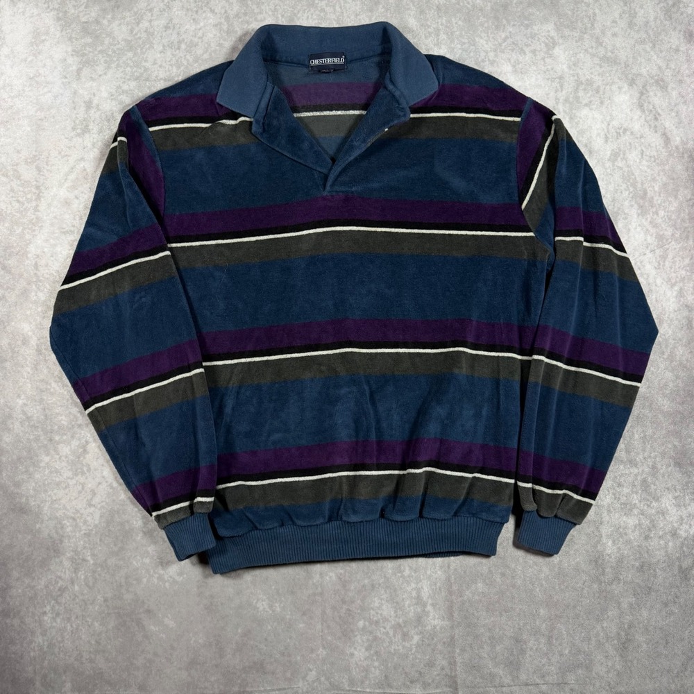 Vintage Chesterfield Men Velour Striped Polo Sweatshirt Blue Purple Large Rugby